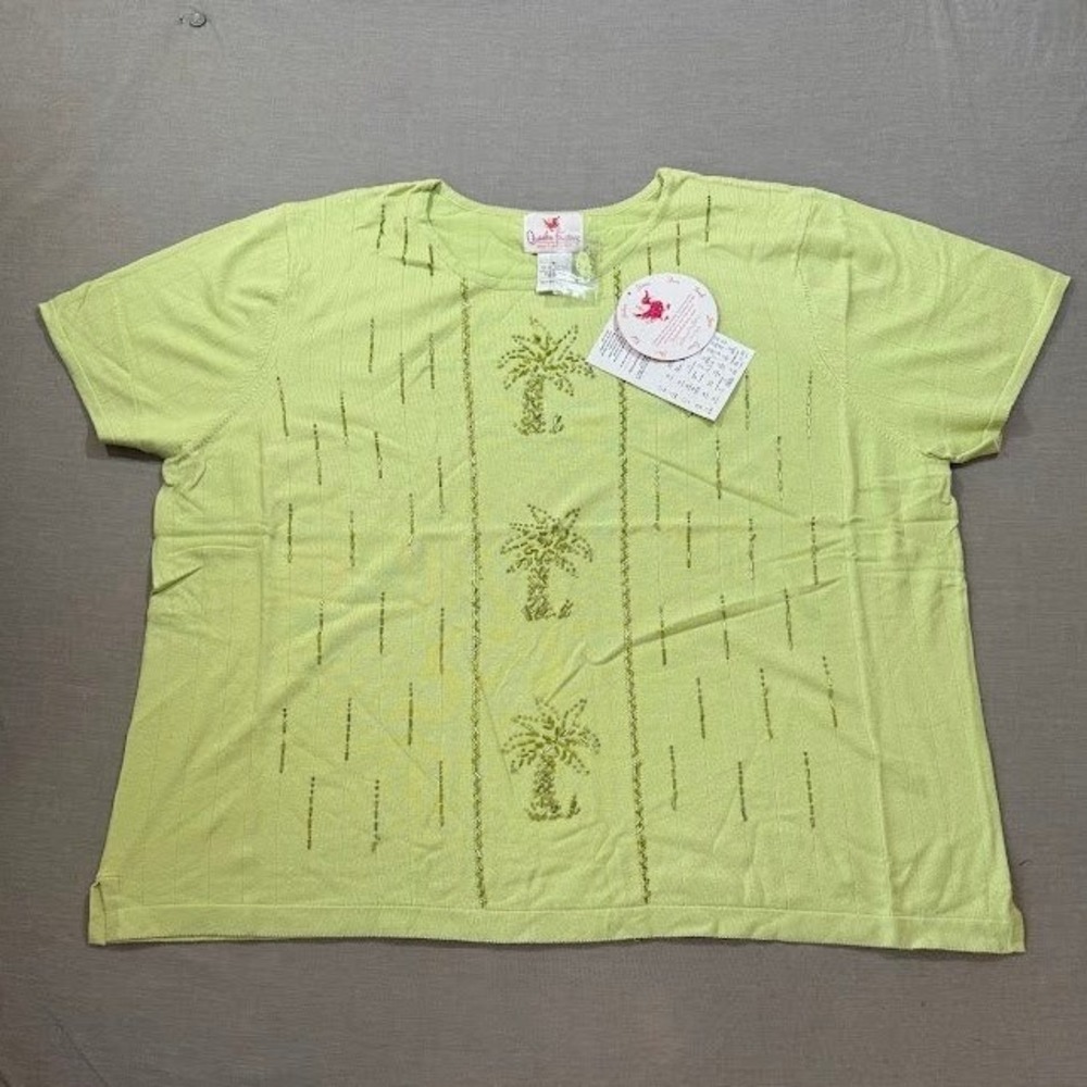 Quaker Factory Plus Size 3X Palm Tree Beaded Knit Top‎ Shirt Green